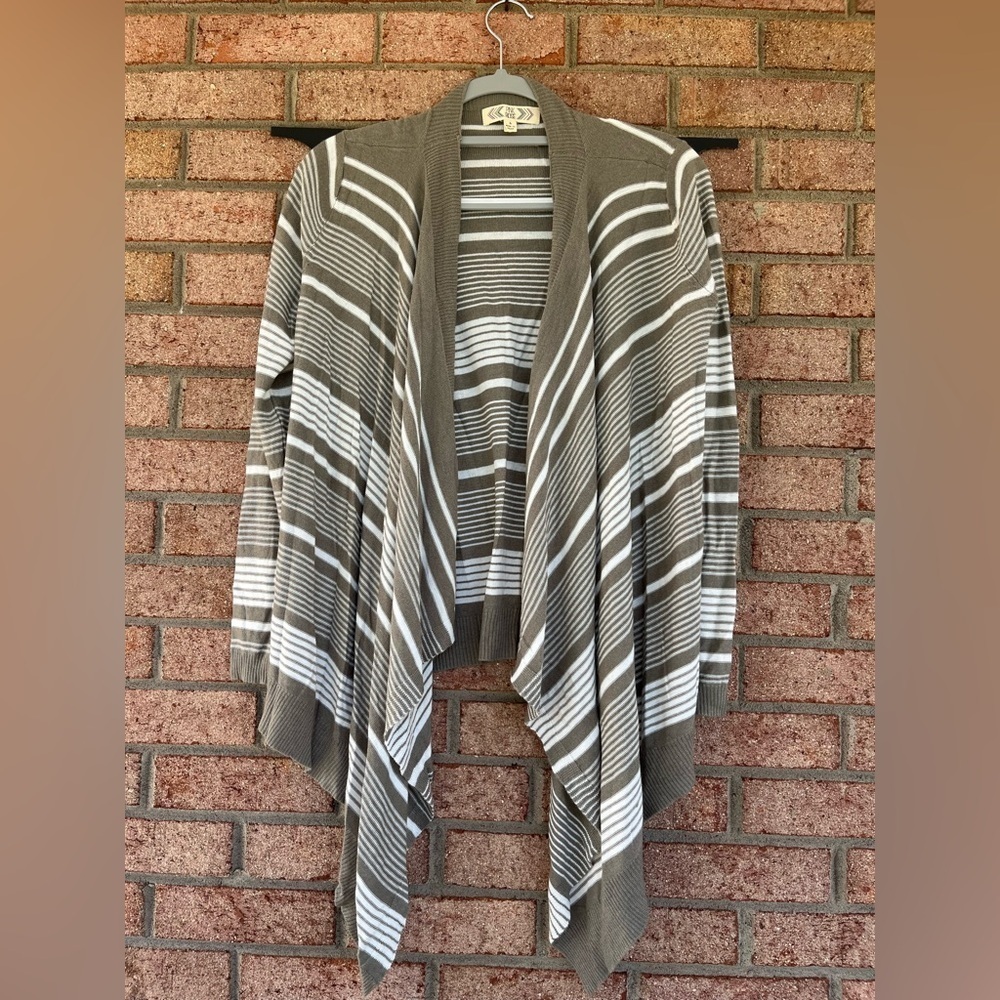 Pink Rose Striped Open Front Cardigan Sweater - Olive and White, Women’s Sz L